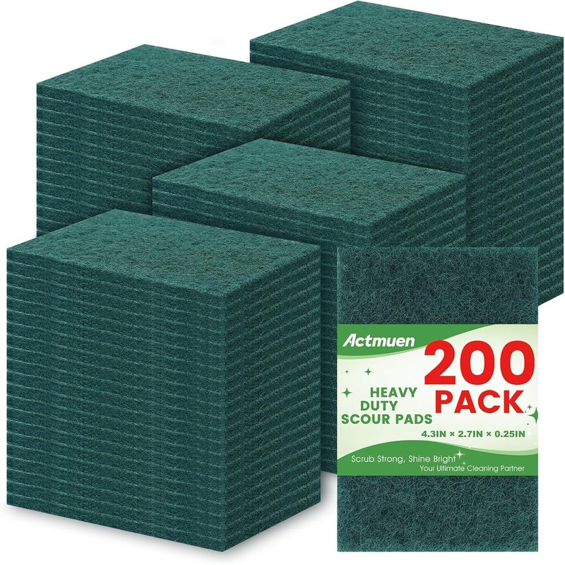 Actmuen 200 Pack Green Scrubbing Pads, Heavy Duty Scouring Pads,Dish Scrubber Reusable for Cleaning, Multipurpose Scrub Pads for Household Kitchen Dishes Pots Pans & Metal Grill- 4.3 x 2.75 x 0.3 Inches - Image 1